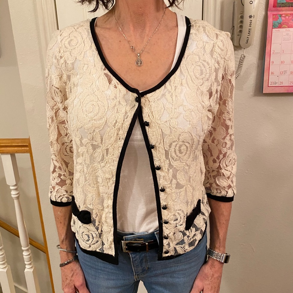 Forever 21 lace jacket. Cream trimmed in black